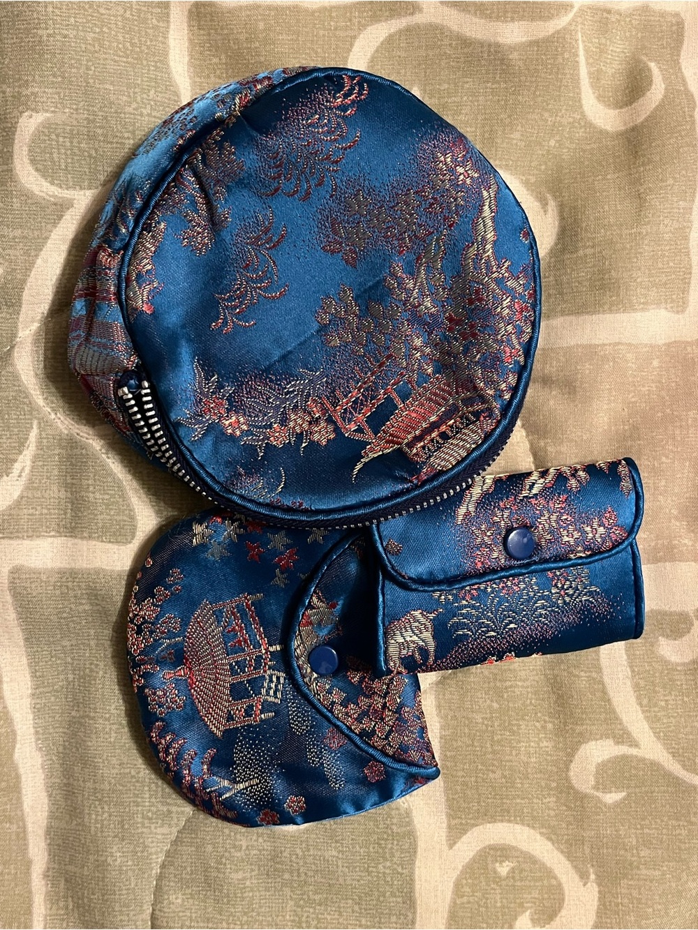 Blue Satin Brocade Round Zipper Makeup Bag w/ Matching Pouches (3 piece set)